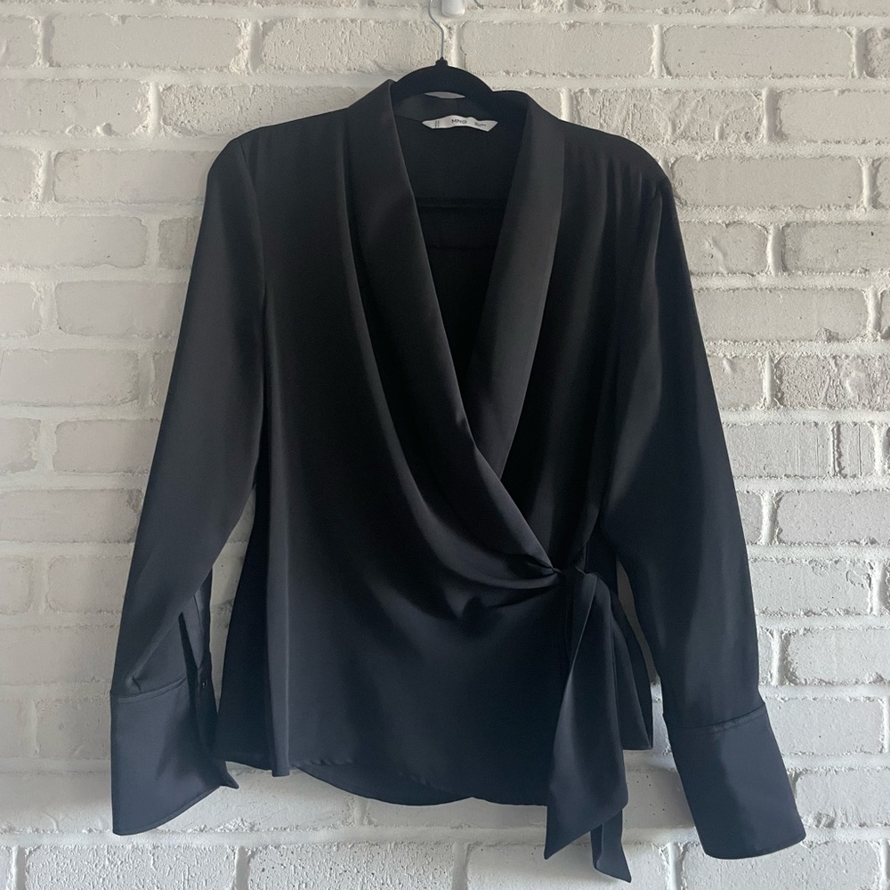Mango Black Satin Wrap Blouse